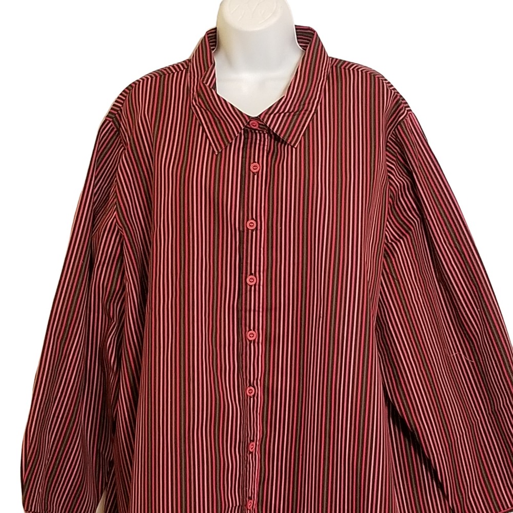 Roaman's Womens Blouse 3X Button Front Red Stripe Collared Long Sleeve
